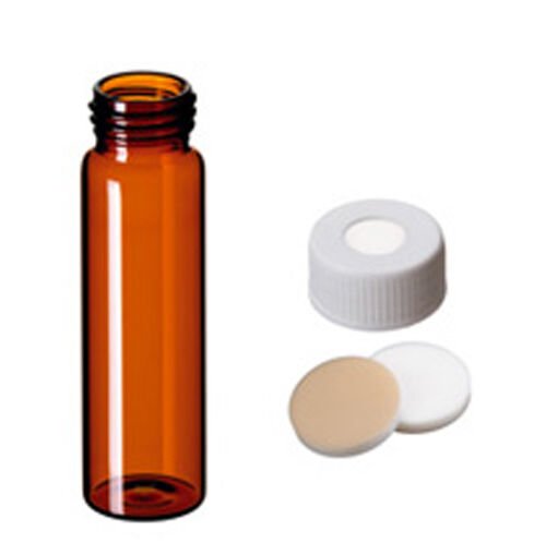Vial 40ml, Epa Vidalı Boyunlu, 95 X 27.5mm, Amber, 1. Hidrolit Kalite, Kapak 24mm Pp, Vidalı, Beyaz, Orta Delikli, 22mm Septa Silikon Beyaz /Ptfe Gri, 45° Shore A, 3.2mm, Epa Kalite, Tüm Monte 100 Adet