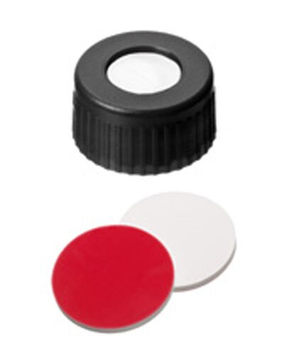 Kapak 9mm Pp+Septa, Siyah, Orta Delikli, Silicon Beyaz/Ptfe Kırmızı, 45° Shore A, 1,3mm 100 Adet