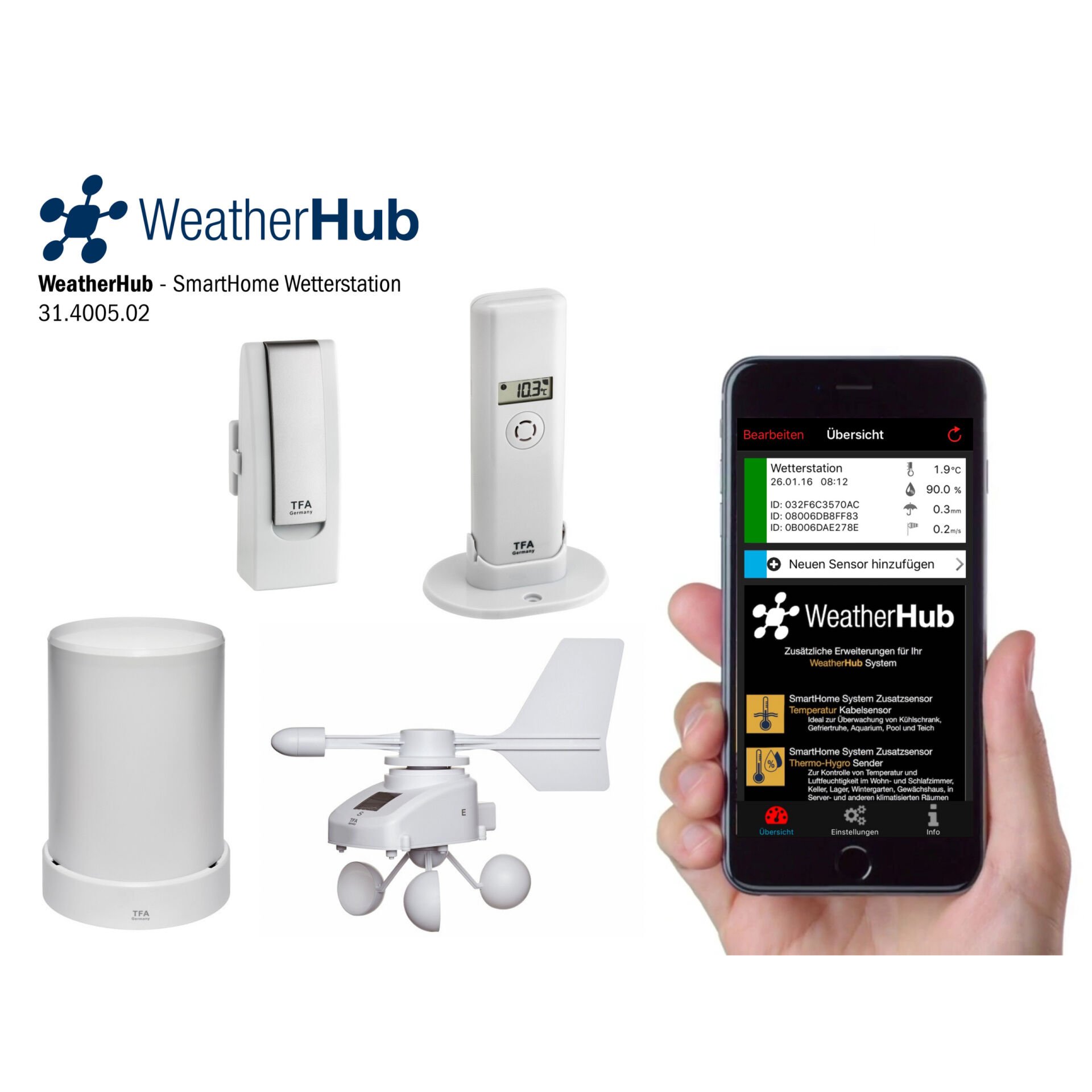 İklim, yağmur ölçer ve rüzgar ölçer ile hava durumu istasyonu seti WEATHERHUB