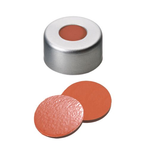 Kapak 11mm Alüminyum, Orta Delikli, Şeffaf Lake, Natural Kauçuk Kırmızı-Turuncu/Butyl Kırmızı/Tef Şeffaf, 45° Shore A, 1.0mm 100 Adet