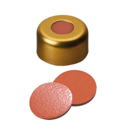 Kapak 11mm Alüminyum, Altın Rekngi Lake, Orta Delikli, Natural Kauçuk Kırmızı-Turuncu/Butyl Kırmızı/Tef Şeffaf, 45° Shore A, 1.0mm 100 Adet