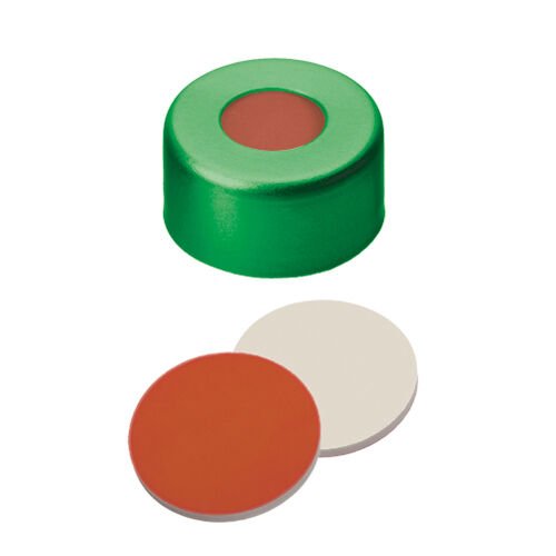 Kapak 11mm Alüminyum, Yeşil Lake, Orta Delikli, Kırmızı Kauçuk/Ptfe Beji, 45° Shore A, 1.0mm 100 Adet
