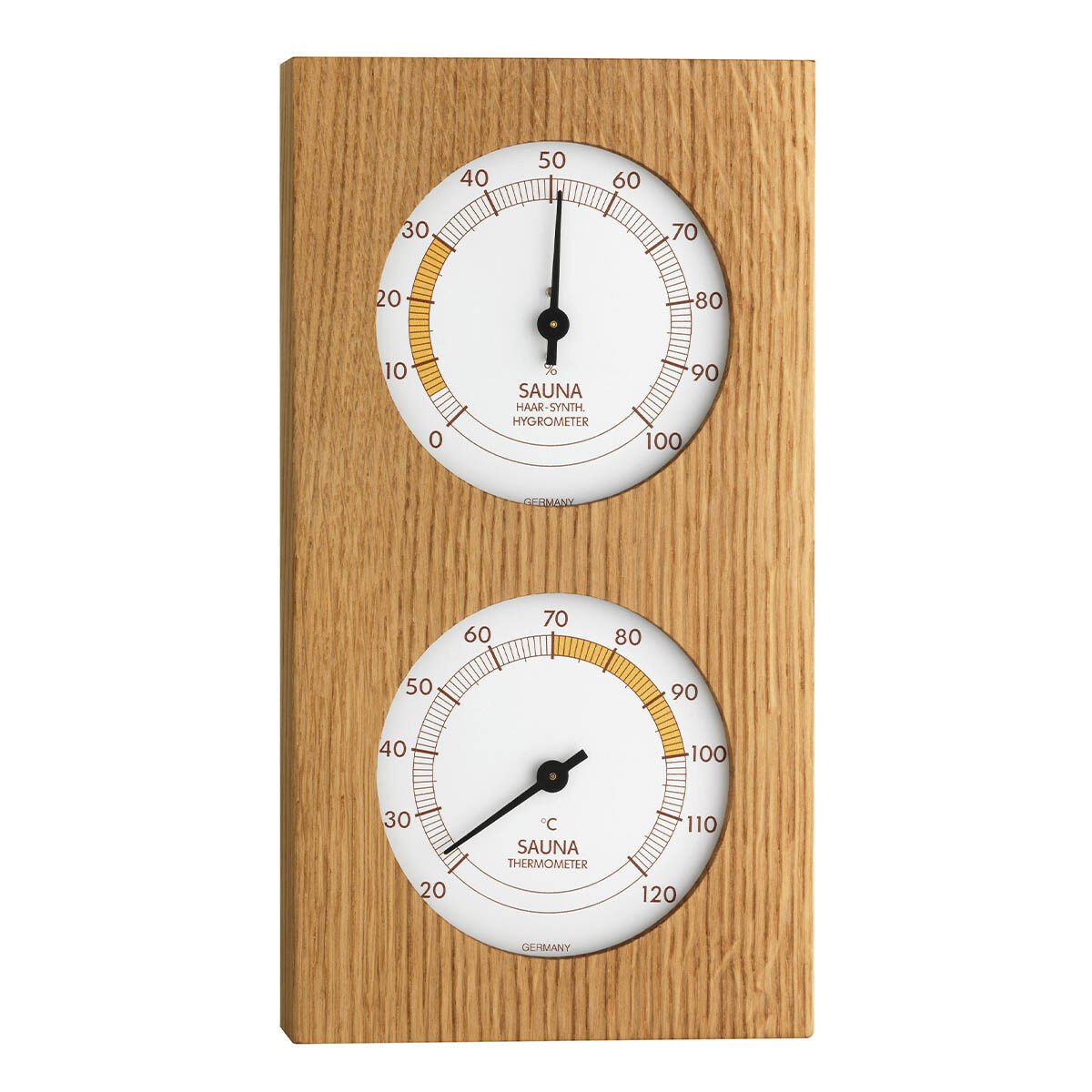 Meşe çerçeveli analog sauna termo-higrometre