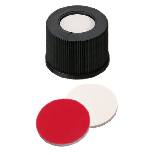 Kapak 13mm+Septa: Vidalı Pp 13 mm Plastik, Siyah, Orta Delikli, Silikon Krem/Ptfe Mavi, 55° Shore A, 1.5mm 100 Adet