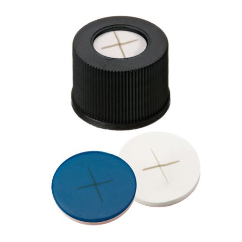 Kapak 13mm+Septa: Vidalı Pp 13 mm Plastik, Siyah, Orta Delikli, Silikon Beyaz/Ptfe Mavi, 55° Shore A, 1.5mm 100 Adet