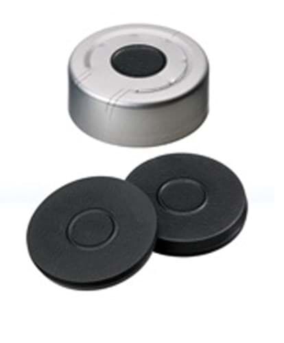 Kapak 20mm+Septa: Alüminyum Headspace, Şeffaf Lake, Orta Delikli, Kalıplı Septa, Koyu Gri, 55° Shore A, 3.0mm 100 Adet
